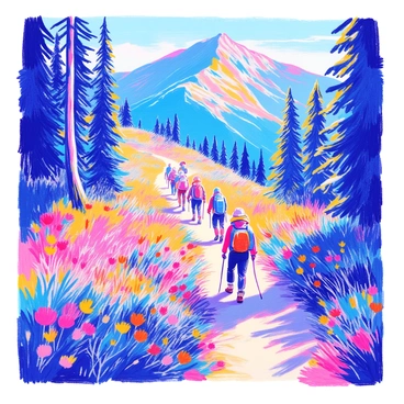 A group of hikers is navigating a lush mountain trail. The trail is surrounded by vibrant green foliage, with tall trees creating a canopy overhead. The hikers are wearing colorful outdoor gear, including backpacks and hats. In the background, the peaks of the mountains rise against a clear blue sky. Sunlight filters through the leaves, casting dappled shadows on the ground. Wildflowers in various colors are scattered along the trail, adding pops of color to the scene.
