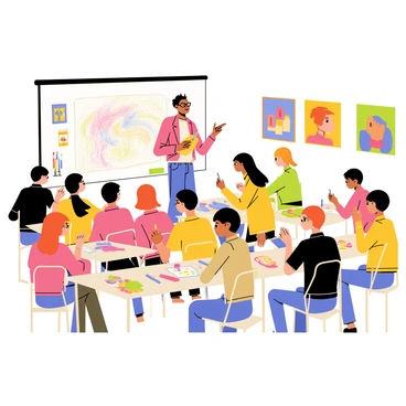 An instructor with short brown hair wearing glasses stands at the front of a classroom filled with students. The instructor gestures toward a large drawing board, which displays a vibrant sketch. Around the instructor, a diverse group of students are seated at their desks, each focused on their own sketches. Some students have pencils and erasers in hand, while others are using colored markers. The classroom is filled with art supplies, including sketchpads, paintbrushes, and palettes scattered across the desks. Bright posters of famous artworks adorn the walls, creating an inspiring atmosphere for creativity.