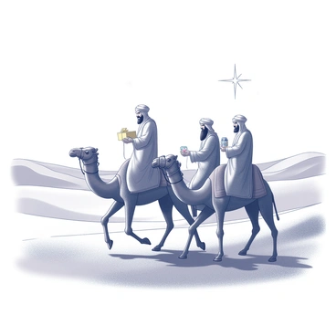 Three wise men are depicted riding camels across a vast desert landscape. The camels are adorned with intricate saddles and blankets. The first wise man, wearing a flowing robe and a turban, holds a golden gift. The second wise man, also dressed in traditional attire, carries a box with jewels, while the third wise man, with a long beard, has a flask in hand. Above them, a prominent star shines brightly in the night sky, guiding their journey. The desert features rolling dunes and sparse vegetation, with a sense of distance and solitude accentuated by the expansive horizon.