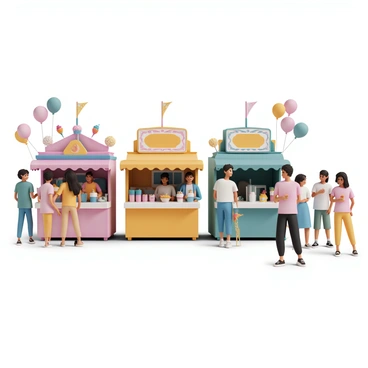 A vibrant scene featuring multiple colorful refreshment stands, each adorned with bright banners and eye-catching decorations. The stands are selling a variety of snacks and drinks, including ice cream cones, popcorn, and colorful beverages. Fair-goers of different ages and backgrounds are gathered around the stands, some enjoying their snacks while others are browsing the offerings. The atmosphere is lively, with people smiling and chatting, while colorful balloons and decorations add to the festive vibe.