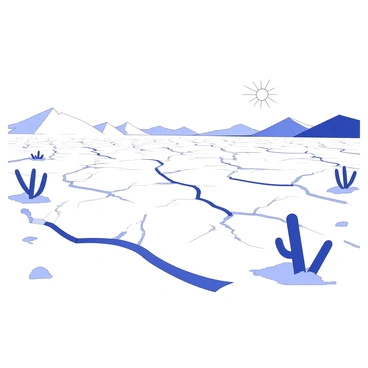 A vast desert landscape features dry, cracked earth that stretches across the scene. The ground is marked with intricate patterns of fissures, signifying the severe drought conditions. In the backdrop, distant sand dunes rise gently, their peaks catching the light. Above, the blazing sun dominates the sky, casting sharp shadows and highlighting the arid terrain. Sparse vegetation, such as cacti and resilient shrubs, can be seen dotting the landscape, offering a touch of life amidst the harsh environment.