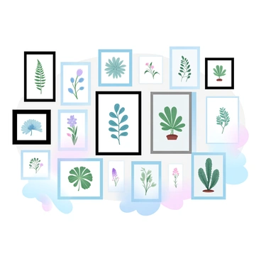 A gallery wall filled with multiple framed botanical prints featuring a variety of plants. Each print showcases detailed illustrations of different species, including ferns, succulents, and flowering plants, all arranged in an organized manner. The frames are elegant, with a mix of colors such as dark wood and metallic finishes, providing contrast to the prints. The wall has a soft gradient pastel color background that enhances the vibrancy of the plant illustrations. Some prints are larger while others are smaller, creating a visually appealing composition.