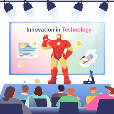 Ironman is standing on a large stage at a technology conference, wearing his iconic red and gold suit. He is confidently gesturing with his right hand, showcasing a holographic display of innovative technology in front of him. The audience, consisting of diverse individuals in business attire, is seated in rows, attentively watching him. Bright lights shine from above, illuminating the stage, while a large banner reading "Innovation in Technology" hangs in the background. Various high-tech gadgets are scattered across the stage, emphasizing the theme of innovation.