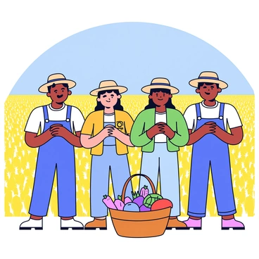 A group of farmers stands together in a vast field filled with ripe crops. They are dressed in simple work clothes, with straw hats to shield them from the sun. Each farmer has their hands clasped in front of them, expressing gratitude. Their faces reflect a sense of joy and contentment. Behind them, the sky is clear and blue, enhancing the warm glow of the sunlight illuminating the rich golden grains of wheat. In the foreground, a wooden basket filled with freshly harvested fruits and vegetables rests on the ground, symbolizing the abundance of the harvest.