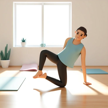 A person, wearing black yoga pants and a light blue tank top, is positioned on all fours on a wooden floor in a tranquil yoga studio. The individual is performing a donkey kick, lifting one leg upwards while keeping the other knee on the ground. Sunlight filters through a large window, illuminating the space and casting soft shadows. In the background, there are indoor plants and a few yoga mats neatly arranged on the floor, adding to the calm atmosphere of the studio.
