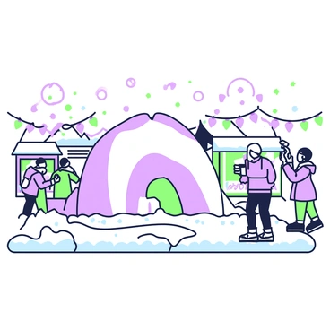 A winter festival is set in a snowy landscape with various stalls and decorations. In the center, there is a large ice sculpture shaped like a "parabola". The sculpture glistens under the winter sun, showcasing smooth curves and sharp angles that highlight its geometric nature. Surrounding the sculpture, visitors are bundled up in winter attire, some taking photographs while others admire the intricate details of the ice. Flakes of snow gently fall from the sky, adding to the festive atmosphere. Strings of lights can be seen draped around the area, illuminating the scene with a warm glow.