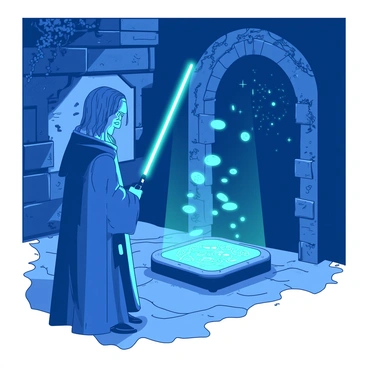 A blue-clad Jedi with a focused expression stands in a dimly lit stone room, examining an intricate ancient puzzle made of glowing symbols and patterns. The Jedi is using a teal lightsaber to illuminate the area, casting soft light on the dusty stone walls adorned with faded murals depicting stars and ancient battles. In front of the Jedi, the puzzle is suspended above a pedestal, with several pieces hovering slightly as if awaiting the correct touch. The atmosphere is tense, suggesting that solving the puzzle will reveal a hidden chamber behind a large stone door covered in vines.