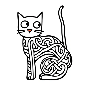 A detailed tattoo design featuring a cat with intricate Celtic knotwork patterns woven throughout its body. The cat has a sleek silhouette, showcasing its graceful form. The knotwork incorporates traditional motifs, including spirals and loops, flowing seamlessly around the feline figure. The cat's eyes are large and expressive, adding to its captivating appearance. The tattoo is designed in black ink, emphasizing the complexity of the patterns against the smoothness of the cat's fur.