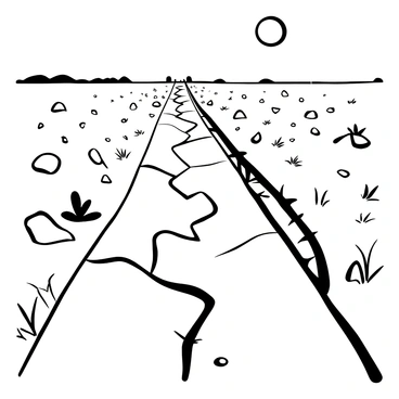 An irrigation canal that has run completely dry, revealing a cracked earth bed. Surrounding the canal are dry patches of grass and scattered stones. On one side of the canal, there are remnants of green vegetation that hint at the water's past presence. The texture of the cracked soil is prominently displayed, with deep fissures running across the surface. A few pieces of debris, like twigs and leaves, are scattered along the edges of the canal. In the distance, a clear sky stretches overhead, contributing to the serene yet desolate atmosphere of the scene.