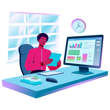 A person with medium-brown skin and short curly hair is seated at a sleek, modern desk. They are holding a tablet, focused on reviewing a colorful and varied investment portfolio displayed on the screen. The tablet shows graphs, charts, and digital icons representing different asset types. Around the desk, there are futuristic gadgets, a digital clock, and sunlight streaming through a large window, illuminating the workspace.