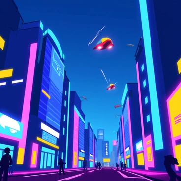 A futuristic cityscape featuring tall buildings with bright neon lights illuminating the entire scene. The architecture of the buildings is sleek and modern, with glass facades and unique geometric shapes. Flying cars zip through the sky, leaving trails of light behind them. The sky is a deep blue, creating a vibrant contrast against the glowing colors of the city. Below, the streets are bustling with people and glowing billboards advertising various futuristic products.