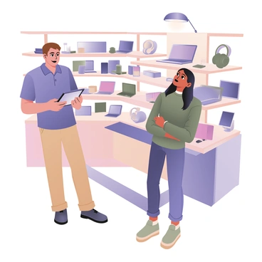 A digital flat illustration showing a sales person standing on the left side, engaging with a captivated customer on the right. The sales person has light skin and short brown hair, wearing a blue polo shirt and khaki pants. They are holding a sleek tablet with a bright screen displaying the product features. The customer, who has medium skin and long black hair, is leaning slightly forward with an expression of interest, wearing a green sweater and jeans. In the background, there are shelves filled with various tech gadgets and products, including laptops, headphones, and smart home devices. A soft spotlight is illuminating the area around the sales person and customer, emphasizing their interaction.