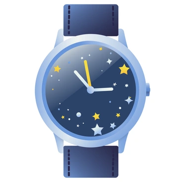 A round watch with a dark blue face features a celestial theme. The watch's hour markers are represented by various constellations and stars, each intricately designed. The hour hand is a silver tone, while the minute hand is gold, giving a striking contrast against the blue background. Surrounding the watch face, a silver bezel reflects light, enhancing the celestial imagery. The watchband is made of black leather, adding a classic touch to the modern celestial design.