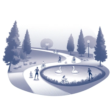 A winding pathway within a city park, bordered by lush greenery and trees. Joggers are seen running along the path, some wearing athletic attire, displaying a sense of movement. Cyclists ride by on bicycles, showcasing varying styles of bikes. A serene pond is situated nearby, featuring elegant swans gliding across the water's surface. The area is populated with park benches and flowers, adding to the lively atmosphere of the scene. The sky above is clear, casting a gentle natural light over the park.