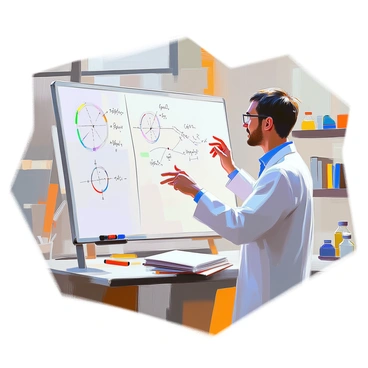 A scientist with short dark hair and glasses stands in front of a whiteboard, animatedly presenting a new theory. The scientist is wearing a white lab coat over a light blue shirt and gesturing towards various diagrams and equations drawn in black and colored markers on the whiteboard. The diagrams illustrate complex concepts, while the equations are neatly organized, showcasing the details of the theory. The background is a well-lit laboratory filled with scientific equipment and shelves lined with books.