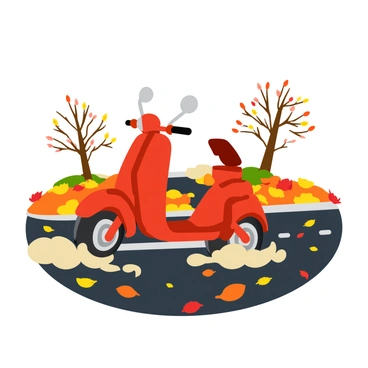 A bright red moped is skidding on a road covered with a thick layer of colorful autumn leaves. The leaves are a vibrant mix of orange, yellow, and red, scattered across the asphalt. Dust clouds are rising from the wheels as the moped tilts slightly to one side, showing its shiny chrome details. In the background, trees with bare branches are visible, with a few remaining leaves fluttering in the breeze. The scene captures the dynamic motion of the moped against the tranquil setting of an autumn day.