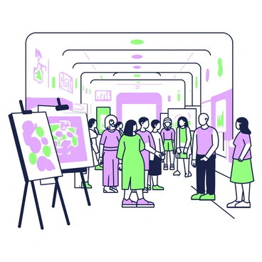 A bustling exhibition hall with attendees viewing framed illustrations on easels