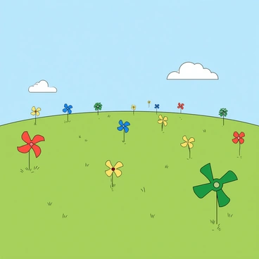 A vast green field stretches out under a clear blue sky. Scattered throughout the field are numerous colorful pinwheels, each spinning rapidly in the gentle breeze. The pinwheels come in various bright colors, including red, blue, yellow, and green. Some are large, while others are small, creating a dynamic visual effect. A few fluffy white clouds drift lazily above, and the sun shines brightly, casting playful shadows of the pinwheels on the grass below. The scene captures a sense of movement and joy as the pinwheels turn enthusiastically in the wind.