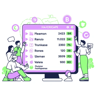 A tech leaderboard is displayed prominently on a digital screen, showcasing the top coders in a hackathon event. The leaderboard features a list of names arranged in descending order, with the highest score at the top. Each coder's name is followed by their score, which is highlighted for emphasis. Below the names, there are additional details such as the coding languages used and the time taken to complete their projects. The screen is set in an indoor environment with a modern design, and there are people gathered around, looking at the leaderboard, some taking notes or discussing strategies. The atmosphere conveys excitement and competitiveness among the participants.