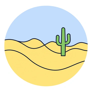 A series of rolling sand dunes with smooth, undulating shapes. The sand is a warm golden color, creating a contrast with the bright blue sky overhead. A lone green cactus stands tall on one of the dunes, showcasing its upward-reaching arms. The landscape is expansive, with the dunes gently rising and falling in the background.