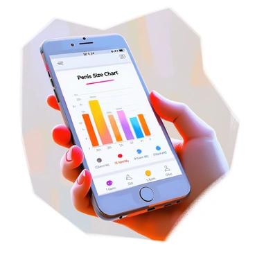 A digital health app interface displayed on a smartphone screen, focusing on a section that features a "Penis Size Chart." The chart includes various sizes represented by colored bars or markers, with labels indicating the measurements in centimeters and inches. The background of the app is a simple, clean design with navigation buttons at the bottom. There are icons for other features of the app subtly visible around the edges of the screen. The overall composition highlights the chart as the central element of the display.