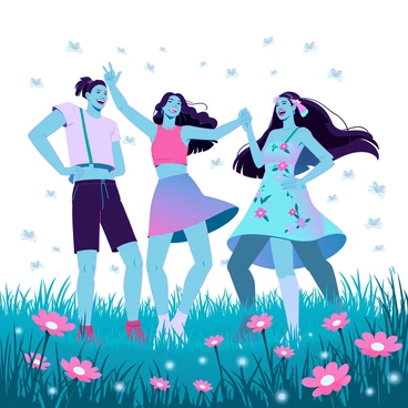 A group of four friends, two men and two women, are dancing joyfully in a vibrant green meadow filled with wildflowers. The scene is illuminated by hundreds of glowing fireflies, creating a magical atmosphere. The men are wearing casual t-shirts and shorts, while the women are dressed in light summer dresses adorned with floral patterns. They are all laughing and enjoying the moment, with one woman twirling gracefully while another is playfully lifting her arms. The soft glow of the fireflies enhances the happiness on their faces as they dance under the twilight sky.