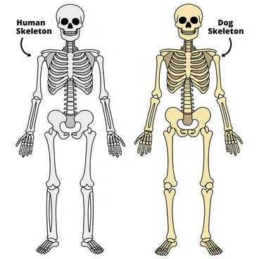 An illustration featuring a human skeleton on the left side and an animal skeleton on the right side. The human skeleton is depicted with white bones, standing upright, showcasing the skull, ribcage, spine, and limbs. The animal skeleton is a dog skeleton, arranged in a similar upright pose, also with white bones. The background is a simple light color to emphasize the skeletons. Arrows point out key similarities, such as the structure of the limbs and differences, such as the shape of the skulls. Each skeleton has labels clearly indicating "Human Skeleton" and "Dog Skeleton."