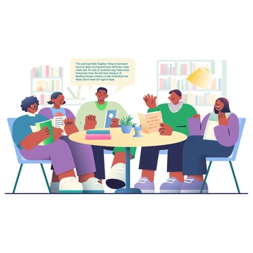 A group of five book club members is sitting around a round wooden table in a cozy setting. They are engaged in an animated discussion about a "refer-a-friend book promotion." Each member has a different book in front of them, showcasing various colorful covers. One member with short curly hair, wearing glasses, is holding a green notebook and taking notes. Another member with long straight hair has a coffee mug with a quote about reading. A third member, wearing a patterned scarf, is gesturing enthusiastically while explaining the promotion. The walls in the background are lined with bookshelves filled with books, and there is a warm lamp providing soft light to the scene. A small plant sits in the center of the table, adding a touch of greenery to the setting.