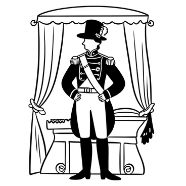 A classic portrait of "Napoleon" standing tall in a detailed "military uniform" adorned with intricate decorations. His posture is confident and assertive, conveying a sense of power and authority. The fabric of the uniform is richly textured, showcasing various elements such as buttons and insignia. In the background, there are hints of a grand setting, with draped curtains and ornate furniture, enhancing the historical ambiance of the scene. The overall composition is striking, emphasizing the commanding presence of "Napoleon".