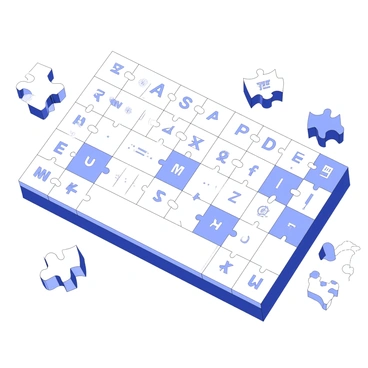 A jigsaw puzzle is laid out on a table. Each puzzle piece is uniquely shaped like a key from a keyboard, showcasing various symbols and letters including "A", "S", "D", and "F". The pieces interlock snugly, forming a complete image when assembled. The background of the table features a subtle texture, adding depth to the scene. Some pieces are scattered around the main assembly, while others are neatly fitting into their places, indicating progress in the puzzle completion. The overall composition highlights both the intricacy of the puzzle design and the playful nature of the keyboard key shapes.