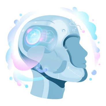 A head featuring integrated mechanical and robotic elements. The design includes metallic plates, wires, and circuits visible along the surface. The structure is adorned with glowing lights and gears, creating a sense of advanced technology. Surrounding the head are holographic displays showcasing data and information. A backdrop of gradient pastel colors enhances the futuristic theme.