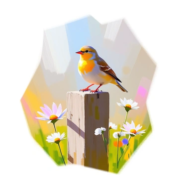 A small finch with bright yellow feathers and a cheerful demeanor is perched on a weathered wooden fence post. The finch is singing a beautiful melody, its beak slightly open as it emits melodic notes. The post is surrounded by lush green grass and a few wildflowers, creating a vibrant setting. Soft sunlight casts gentle shadows around the scene, highlighting the finch's delicate features and the textures of the fence post.