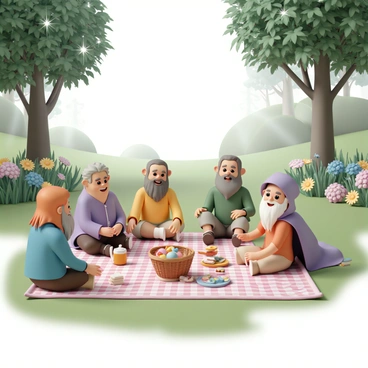 A group of five dwarfs sitting on a large, checkered picnic blanket spread out on the soft, green grass in an enchanted forest. Each dwarf has unique features: one with a long, braided red beard wearing a blue tunic and brown trousers, another with a bushy gray beard dressed in a green vest and brown shorts, a third with a short, scruffy black beard in a yellow shirt and beige pants, a fourth with a light brown beard sporting a purple cloak and dark pants, and the last one with a golden beard wearing an orange tunic and green trousers. The picnic spread includes a large basket filled with fruits, sandwiches, and a jug of ale. Surrounding them are vibrant flowers and towering trees with sparkling leaves, while soft rays of sunlight filter through the branches, adding a magical glow to the scene.