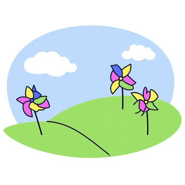A gently sloping hillside covered in bright green grass. Scattered across the hillside are colorful spinning pinwheels, each featuring bold patterns of red, blue, yellow, and green. The pinwheels are set at different angles, creating a dynamic sense of motion as they spin in the breeze. The sky above is a clear blue with a few fluffy white clouds floating by.