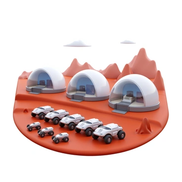 A human colony base on Mars featuring domed living quarters constructed from advanced materials. The domes are transparent, allowing a view of the interior. Nearby, several rovers are parked, showcasing rugged designs suitable for the Martian terrain. The landscape is characterized by reddish soil and rocky formations in the background, under a pale sky with distant clouds.
