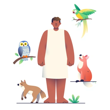 A person with medium skin and short brown hair is standing in a clearing surrounded by various animal spirits. To the left, a wise owl with large yellow eyes represents wisdom, perched on a low branch. On the right, a playful fox with a reddish-brown coat embodies curiosity, playfully darting around. At the person’s feet, a gentle deer with soft, brown fur symbolizes kindness, looking up with a calm expression. Above the person, a vibrant parrot with bright green and yellow feathers represents joy, perched on a branch and spreading its wings. The person is wearing a simple white tunic and appears serene, connecting with the animal spirits around them.