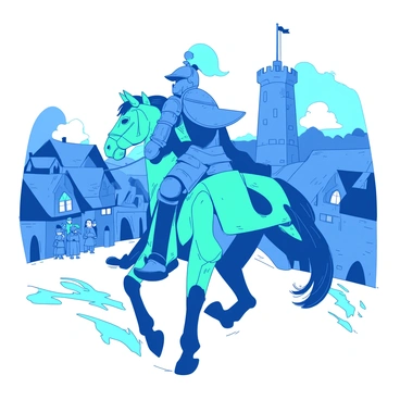 A blue knight in shining armor is riding a teal robotic horse, galloping through a medieval village. The knight is wearing a detailed helmet with a plume, and the armor reflects the sunlight. The village features quaint stone houses with thatched roofs, and there are villagers watching in awe. In the background, a tall stone castle can be seen against a clear sky. The robotic horse has futuristic components, such as glowing blue accents and a sleek design, contrasting with the traditional village setting.