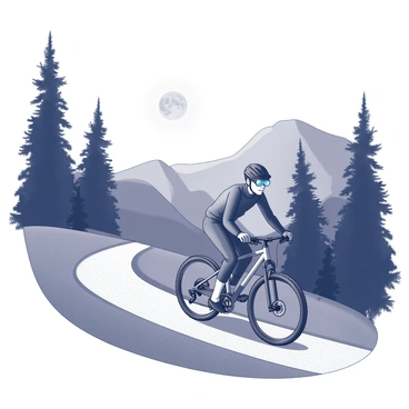 A mountain biker wearing a headlamp is riding along a winding path through a mountainous landscape. The path is illuminated by the moonlight, casting shadows on the terrain. The biker is positioned slightly forward, showcasing an athletic posture as they navigate the trail. Tall trees line the sides of the path, their silhouettes stark against the night sky. The moon is visible above, casting a silvery glow over the scene, highlighting the contours of the bike and the rider's gear.