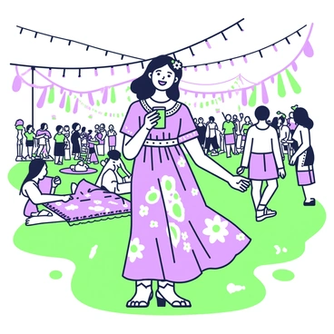 A festival attendee is standing in a vibrant outdoor setting, surrounded by colorful banners and tents. She is wearing a flowing, patterned bohemian dress adorned with intricate designs. Her hair is styled in loose waves and complemented with floral accessories. In her hands, she holds a cup with a beverage, and she has a joyful expression on her face, fully engaged in the music around her. Behind her, a crowd of diverse festival-goers is enjoying the atmosphere, with some dancing and others sitting on blankets spread across the grass. Bright lights are strung overhead, creating a festive ambiance.