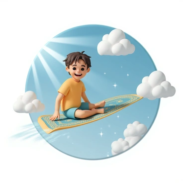A young child, wearing a colorful shirt and shorts, is sitting joyfully on a vibrant, patterned magic carpet. The carpet is adorned with intricate designs in shades of blue and gold. The child has a wide smile, with hair blowing in the wind, as they grasp the edges of the carpet. Fluffy white clouds surround them, creating a dreamy atmosphere. The sky is a bright blue, with rays of sunlight filtering through the clouds, adding a sense of adventure to the scene. The magic carpet appears to be racing through the air, leaving a trail of sparkles behind it.