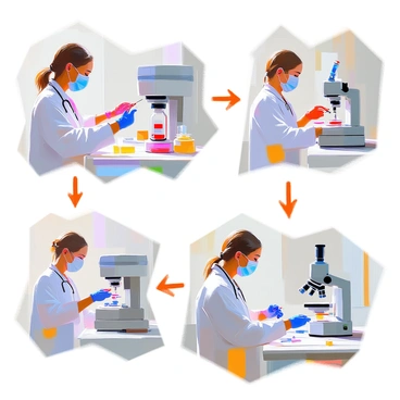 A step-by-step illustration showing the lab testing process. The first panel depicts a healthcare professional in a lab coat collecting a blood sample from a patient using a needle and a vial. The second panel shows the sample being labeled with clear identification information. The third panel captures the sample being placed into a centrifuge, with the machine in the background. The fourth panel illustrates a technician wearing gloves, preparing slides for microscopy with the collected sample. The final panel presents the analysis stage, where a lab technician observes the slides under a microscope, taking notes on the findings. Each panel is arranged sequentially, depicting the flow of the process clearly.