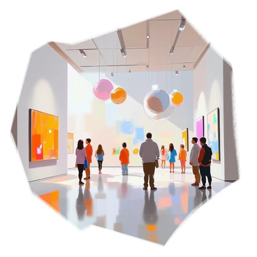 A gallery interior featuring artworks that seem to float mid-air, creating an imaginative ambiance. The walls are adorned with various paintings and sculptures that are suspended from transparent wires, giving the illusion of weightlessness. Soft, diffused lighting filters through the space, highlighting the colors and textures of the artworks. Visitors in the gallery can be seen gazing up in wonder, their shadows cast softly onto the polished floor below. The overall composition captures a sense of enchantment and curiosity within the artistic environment.