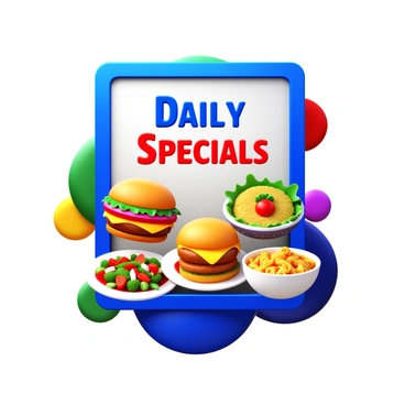 A subway ad featuring vibrant colors and eye-catching graphics. The ad displays the words "Daily Specials" prominently in large, bold letters. Below the title, various dishes from the local restaurant chain are showcased, including a colorful salad, a juicy burger, and a steaming bowl of pasta. Each dish is presented with detailed textures and garnishes to enhance their appeal. The background is dynamic, incorporating abstract shapes and patterns that suggest movement, aiming to attract the attention of commuters.