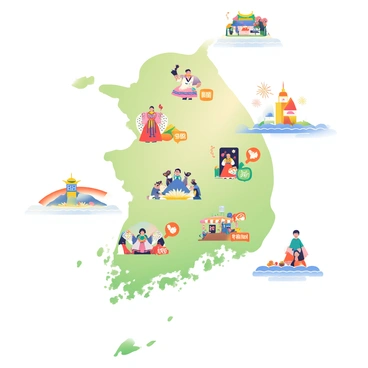 A detailed map of Korea is prominently displayed, showcasing various traditional festivals across the country. Each festival is represented by colorful illustrations, highlighting unique cultural elements. In the northern region, a festival is depicted with people in traditional hanbok clothing, performing a dance. In the central area, colorful lanterns and food stalls are illustrated, symbolizing a lively market festival. The southern part features a seaside celebration with fireworks in the night sky and people enjoying local seafood delicacies. Landmarks and geographical features such as mountains and rivers are also included, with each region's festival marked with distinct symbols and vibrant colors. The overall composition emphasizes the rich cultural heritage of Korea.