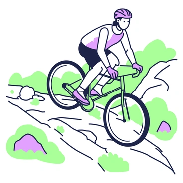 A cyclist is riding uphill on a steep, rocky path. The cyclist is wearing a helmet and cycling gear, with a focused expression on their face. The bike is prominently featured, with its tires in clear contact with the rugged terrain, showing the tread patterns gripping the ground. Surrounding the path, there are patches of grass and small boulders, adding to the steepness of the incline. In the background, there are distant hills, slightly blurred to emphasize the ascent.
