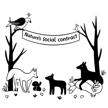 A group of various animals of prey and predator gathered in a serene landscape. A majestic eagle perches on a low-hanging branch, observing the scene. Nearby, a sleek fox sits calmly next to a delicate rabbit, both at ease in each other's presence. In the foreground, a deer grazes peacefully, while a bold wolf rests a short distance away, showcasing a sense of mutual respect. Above them, a banner reads "Nature's Social Contract," elegantly draped between two trees. The environment is filled with soft textures, such as grass and leaves, creating a harmonious atmosphere.