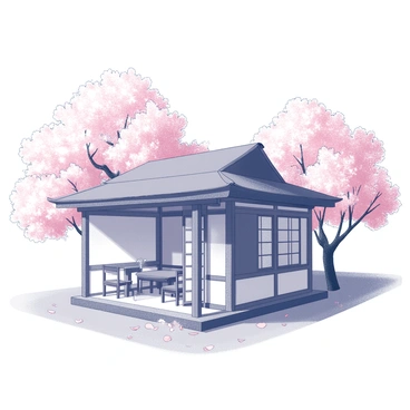 A teahouse with traditional architectural features, including a sloped roof and wooden beams, is surrounded by an abundance of blooming cherry blossoms. The blossoms are in full pink bloom, creating a vibrant contrast with the structure. The teahouse has sliding doors open to a small patio, where a simple wooden table and chairs invite visitors to enjoy tea. A gentle breeze causes some petals to drift softly to the ground, adding to the serene atmosphere. The scene is framed by more cherry trees, their branches laden with flowers, creating a picturesque setting.
