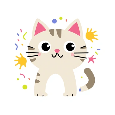 A cute tabby cat with a small pink nose is centered in the image. Surrounding the cat's nose is a vibrant paint splatter effect, featuring various colors like blue, yellow, red, and green. The paint splatters are dynamic and lively, radiating outward from the cat's nose, creating an energetic visual contrast against the cat’s soft fur. The cat's eyes are bright and curious, adding to the playful theme of the image.