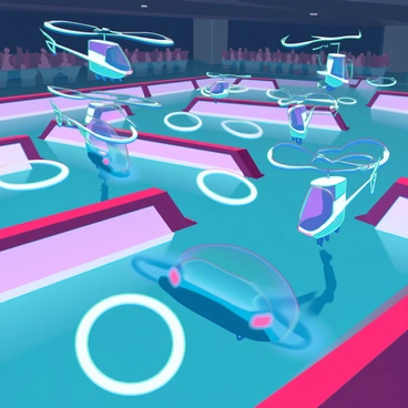 A group of small remote-controlled helicopters with vibrant colors racing through an indoor obstacle course. The helicopters have sleek designs with spinning rotors and bright LED lights that illuminate the area. The obstacle course consists of various challenges, including small hoops to fly through, ramps to ascend, and narrow sections formed by soft barriers. The scene captures the dynamic movement of the helicopters as they navigate the course, with a sense of speed and excitement. The surrounding environment includes a large indoor space with spectators watching the race, adding to the competitive atmosphere.