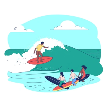 A surfer with a vibrant red surfboard is riding a large teal wave, skillfully balancing as the water cascades around him. Nearby, a group of surfers with colorful boards is waiting on their own surfboards, positioned on the ocean's surface. The sky above them is bright and clear, with a few soft white clouds drifting by. The sun casts a warm glow on the scene, highlighting the action of the wave and the anticipation of the surfers.